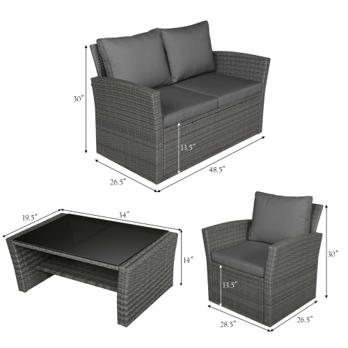 Topbuy 4-Piece Rattan Wicker Patio Outdoor Furniture Sofa Set with Cushions & Tempered Glass Table Red/Turquoise/Grey