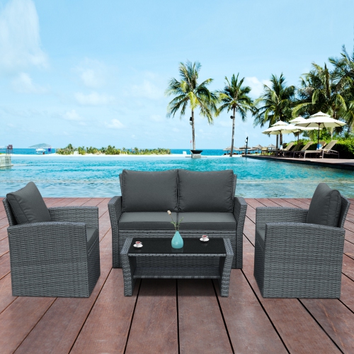 Topbuy 4-Piece Rattan Wicker Patio Outdoor Furniture Sofa Set with Cushions & Tempered Glass Table Red/Turquoise/Grey