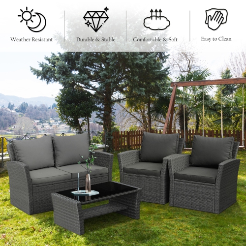 Topbuy 4-Piece Rattan Wicker Patio Outdoor Furniture Sofa Set with Cushions & Tempered Glass Table Red/Turquoise/Grey