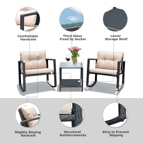 Topbuy 3 PCS Patio Rattan Wicker Chaise Chair Table Set Outdoor Rattan Furniture