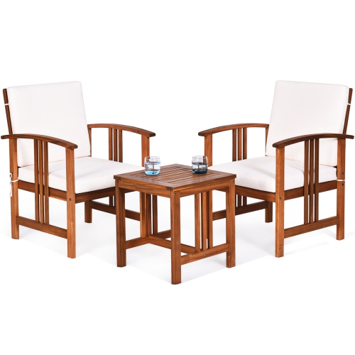 Topbuy 3-Piece Outdoor Acacia Wood Sectional Conversation Sofa Set with White/Grey Cushions