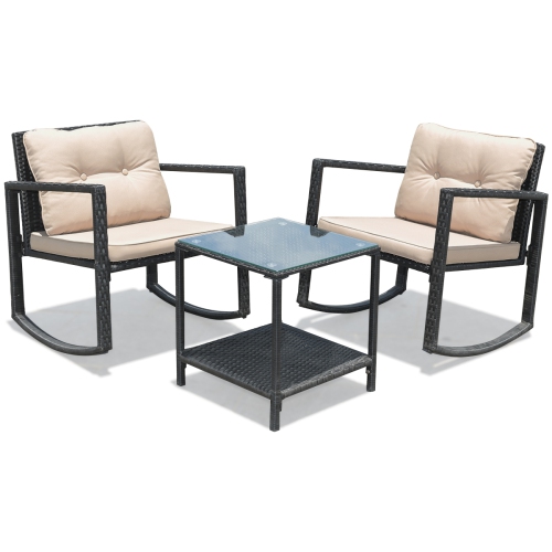 Topbuy 3 PCS Patio Rattan Wicker Chair Table Set Wicker Rattan Furniture Beige