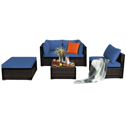 TOPBUY  5-Piece Outdoor Patio Sectional Rattan Wicker Conversation Sofa Set With Turquoise/yellowish Cushions