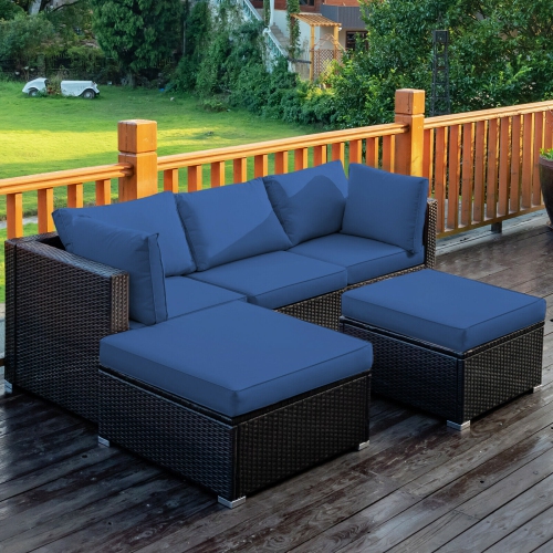 Topbuy 5-Piece Outdoor Patio Sectional Rattan Wicker Conversation Sofa Set with Turquoise/Yellowish Cushions