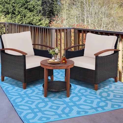 Topbuy 3-Piece Patio Rattan Bistro Set Acacia Wood Frame Sofa and Side Table Beige/Blue/Red