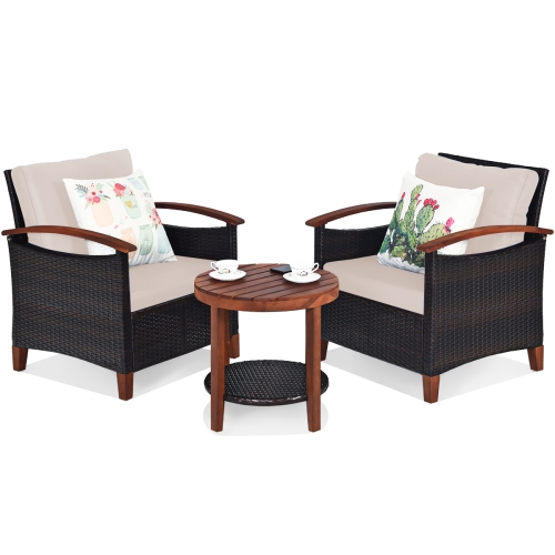 Topbuy 3-Piece Patio Rattan Bistro Set Acacia Wood Frame Sofa and Side Table Beige/Blue/Red