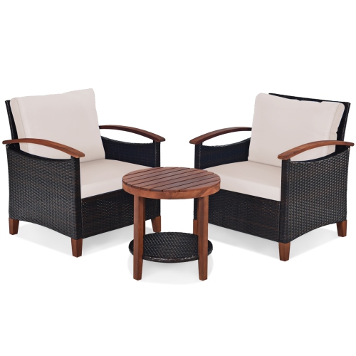 Topbuy 3-Piece Patio Rattan Bistro Set Acacia Wood Frame Sofa and Side Table Beige/Blue/Red