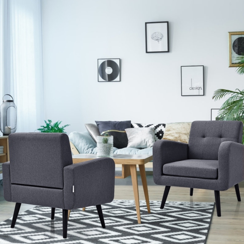 Topbuy Modern Upholstered Accent Chair Linen Fabric Single Sofa with Rubber Wood Leg Grey/ Blue