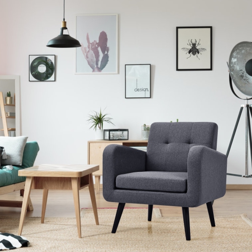 Fauteuil d’appoint moderne recouvert en lin TopBuy avec pattes en caoutchouc gris/bleu