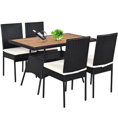 TOPBUY  5PCs Outdoor Rattan Wicker Dining Set Acacia Wood Table & 4 Chairs With Cushions