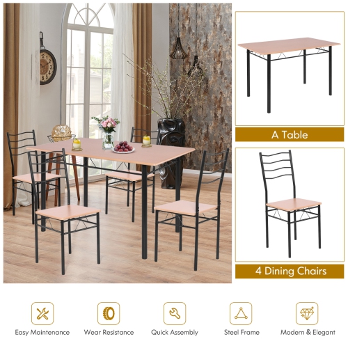 Topbuy 5 PCS Dining Table Set 4 Chairs MDF Metal Frame Kitchen Furniture