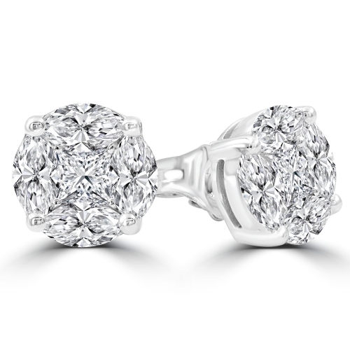 1 1/2 CTW Princess Diamond Marquise Diamond Cluster Stud Earrings in 14K White Gold