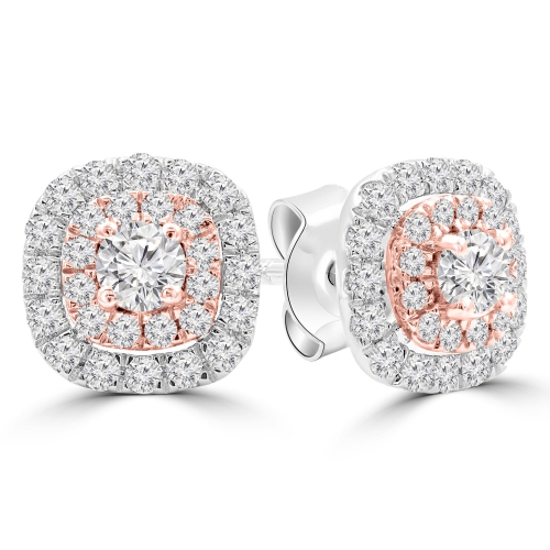 5/8 CTW Round Diamond White and Rose Gold Cluster Double Halo Stud Earrings in 14K Two-Tone Gold