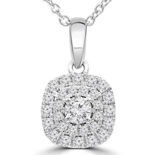 1/3 CTW Round Diamond Double Cushion Halo Pendant Necklace in 14K White Gold