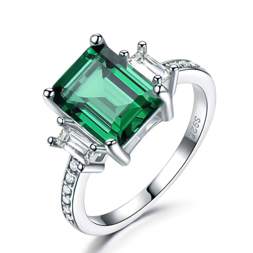 Cushion Green Nano Emerald Three-Stone Cocktail Ring in 0.925 White Sterling Silver (MDS210211) Size - 6