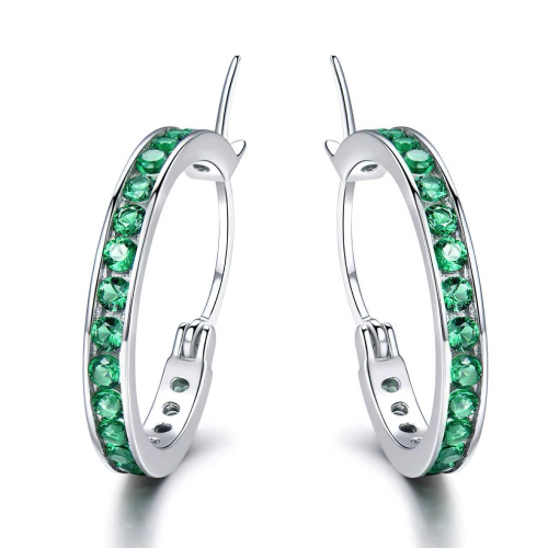 Round Green Nano Emerald Huggie Earrings in 0.925 White Sterling Silver (MDS210274)
