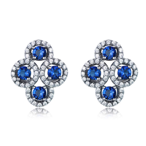 Round Blue Nano Sapphire Halo Stud Earrings in 0.925 White Sterling Silver