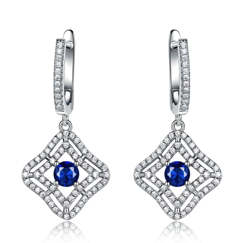 Round Blue Nano Sapphire Halo Drop/Dangle Earrings in 0.925 White Sterling Silver