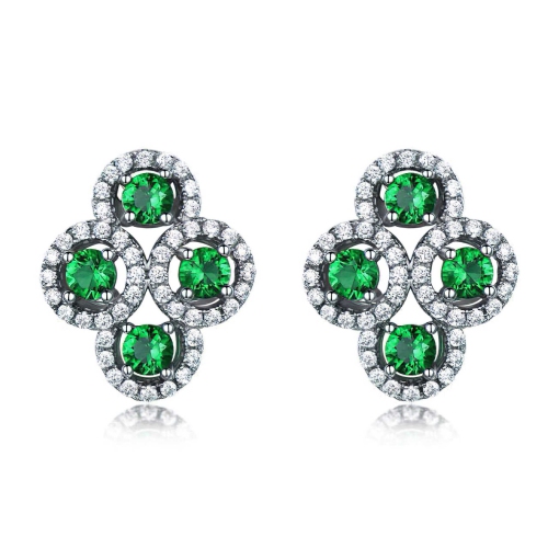 Round Green Nano Emerald Halo Stud Earrings in 0.925 White Sterling Silver (MDS210270)