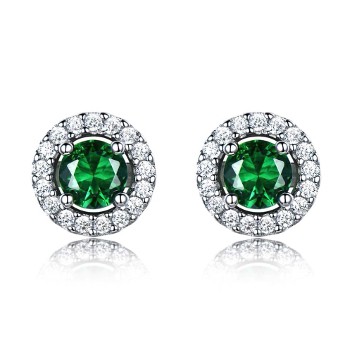 Round Green Nano Emerald Halo Stud Earrings in 0.925 White Sterling Silver (MDS210265)