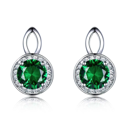 Round Green Nano Emerald Halo Stud Earrings in 0.925 White Sterling Silver