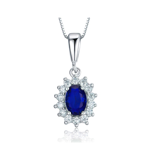 Oval Blue Nano Sapphire Halo Pendant Necklace in 0.925 White Sterling Silver With Chain (MDS210234)