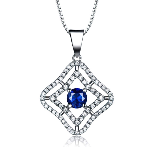 Round Blue Nano Sapphire Halo Pendant Necklace in 0.925 White Sterling Silver With Chain (MDS210236)