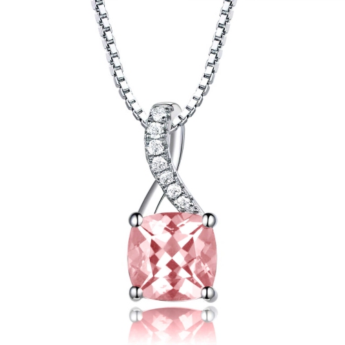 Cushion Pink Nano Morganite Solitaire with Accents Pendant Necklace in 0.925 White Sterling Silver With Chain…