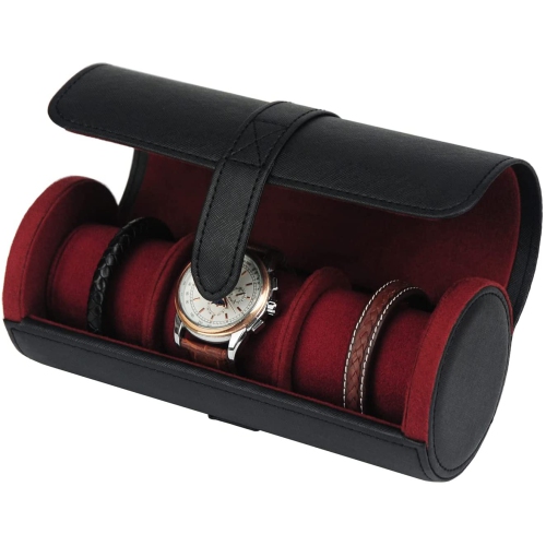 3 Slot PU Leather Roll Watch Case Jewelry Organizer and Valet for Men/Women