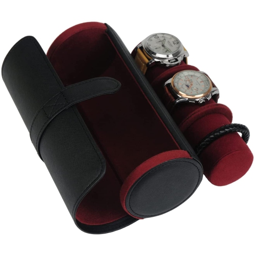 3 Slot PU Leather Roll Watch Case Jewelry Organizer and Valet for Men/Women