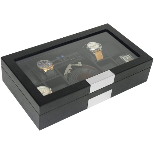 Premium Wooden Watch / Wallet Display Case Glass Top Jewelry Collection Storage Box Organizer for Men/Women