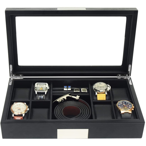 Premium Wooden Watch / Wallet Display Case Glass Top Jewelry Collection Storage Box Organizer for Men/Women