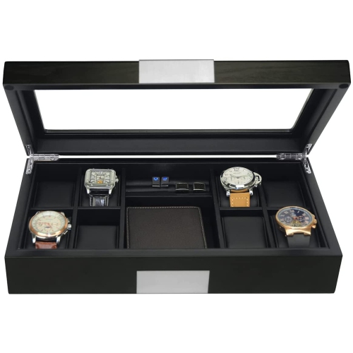 Premium Wooden Watch / Wallet Display Case Glass Top Jewelry Collection Storage Box Organizer for Men/Women