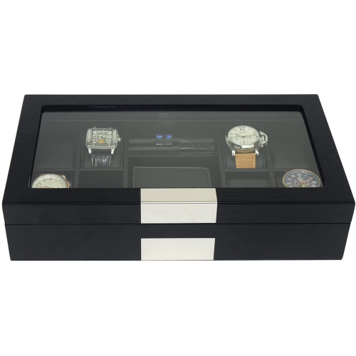 Premium Wooden Watch / Wallet Display Case Glass Top Jewelry Collection Storage Box Organizer for Men/Women