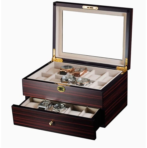 20 Slots Wooden Watch Display Case Glass Top Jewelry Collection Storage Box Organizer for Men/Women