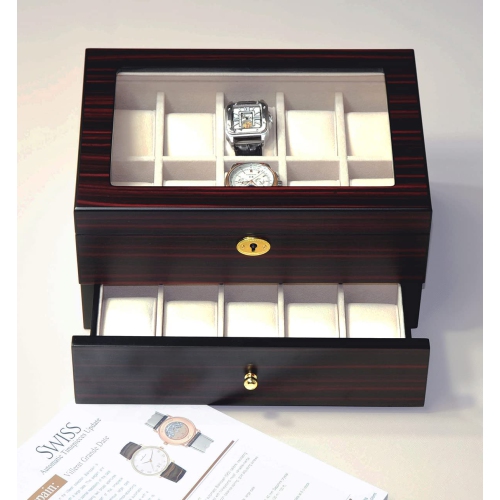 20 Slots Wooden Watch Display Case Glass Top Jewelry Collection Storage Box Organizer for Men/Women