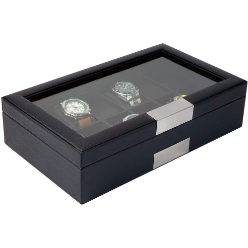 12 Slots MDF & PU Leather Watch Display Case Glass Top Jewelry Collection Storage Box Organizer Men/Women