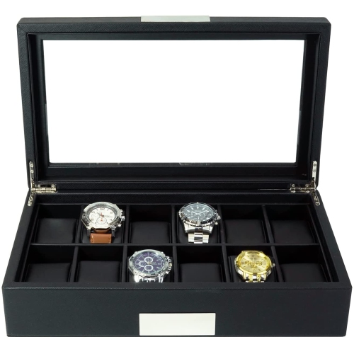 12 Slots MDF & PU Leather Watch Display Case Glass Top Jewelry Collection Storage Box Organizer Men/Women