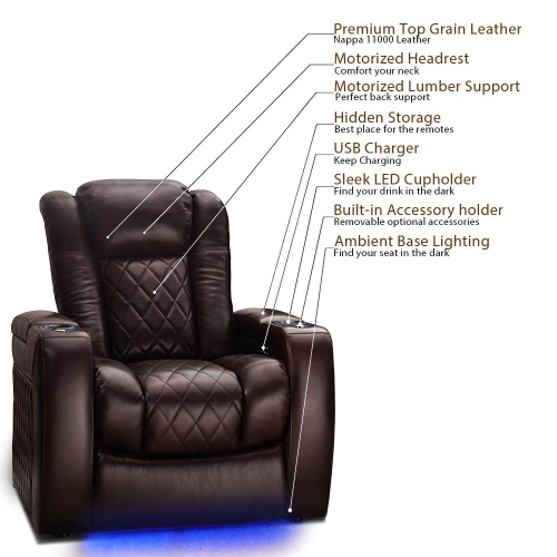 Valencia Tuscany XL Home Theater Seating | Premium Top Grain Italian 11000 Nappa Leather, Power Headrest, Power Lumbar Support, Extra Space, 400 lbs