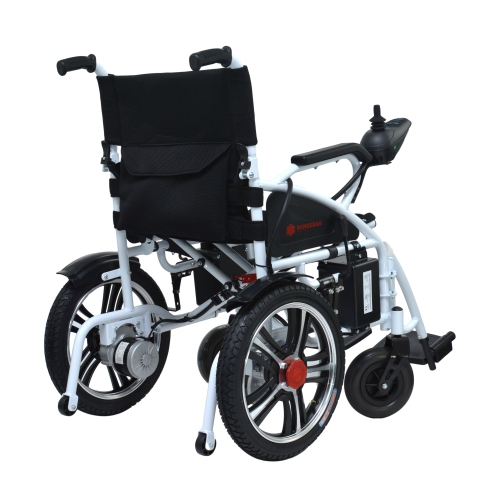 Foldable Electric Powered Lightweight Wheelchair, Comfortable Disabled Wagon, Elderly Mobility - White Frame Black Seat