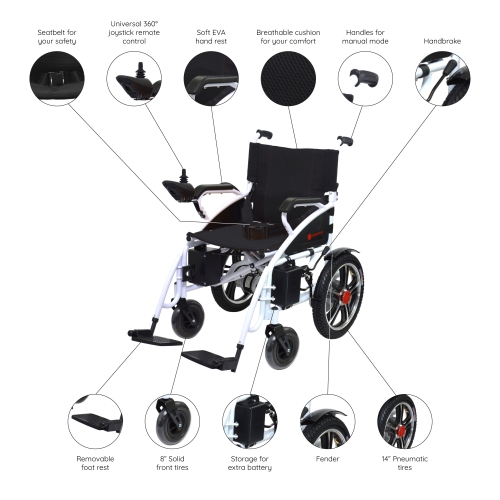 Foldable Electric Powered Lightweight Wheelchair, Comfortable Disabled Wagon, Elderly Mobility - White Frame Black Seat