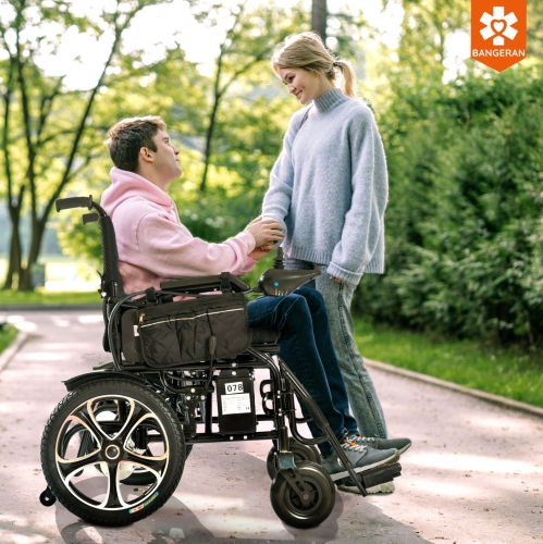 Foldable Electric Powered Lightweight Wheelchair, Comfortable Disabled Wagon, Elderly Mobility - White Frame Black Seat