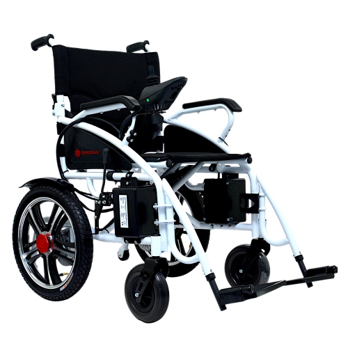 Foldable Electric Powered Mobility Wheelchair for Seniors and Adults, 75 lbs Weight, 360° Joystick - Black Frame Blue Seat