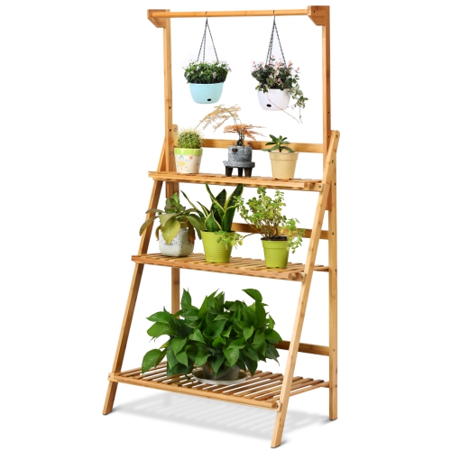 TOPBUY  3 Tier Bamboo Hanging Folding Plant Shelf Stand Flower Pot Display Rack Bookcase