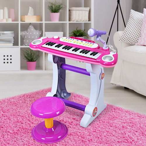 Topbuy 37 Keys Kids Piano Electronic Keyboard Musical Piano Toy with Microphone&Stool
