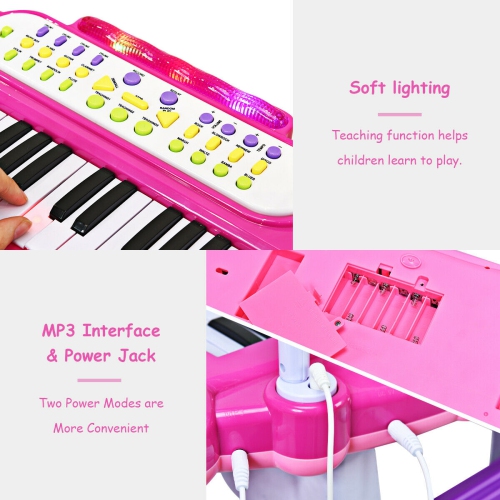 Topbuy 37 Keys Kids Piano Electronic Keyboard Musical Piano Toy with Microphone&Stool