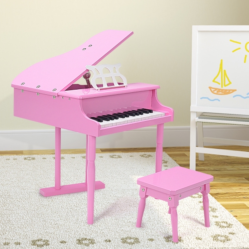 Mini instrument de musique à 30 touches Grand Piano pour tout-petits avec banc en bois noir/rose