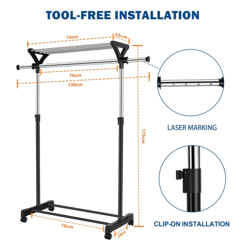 Mobile Adjustable Garment Rack, Rolling Clothes Rack Clothing Organizer Shelf with Top and Bottom Shelves