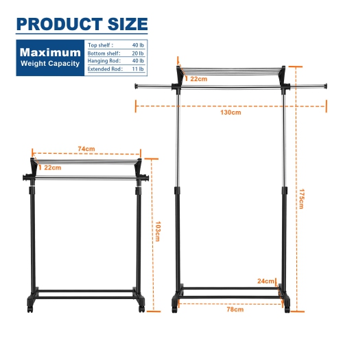 Mobile Adjustable Garment Rack, Rolling Clothes Rack Clothing Organizer Shelf with Top and Bottom Shelves