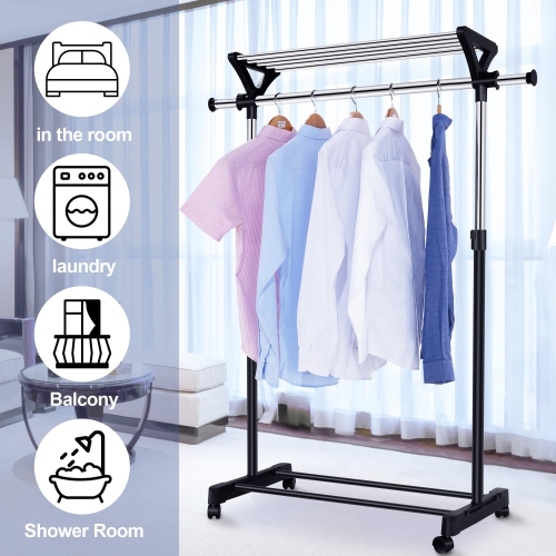 Mobile Adjustable Garment Rack, Rolling Clothes Rack Clothing Organizer Shelf with Top and Bottom Shelves